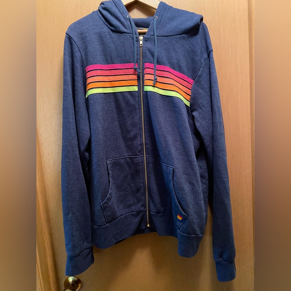 Aviator Nation Blue Hoodie with Rainbow Stripes